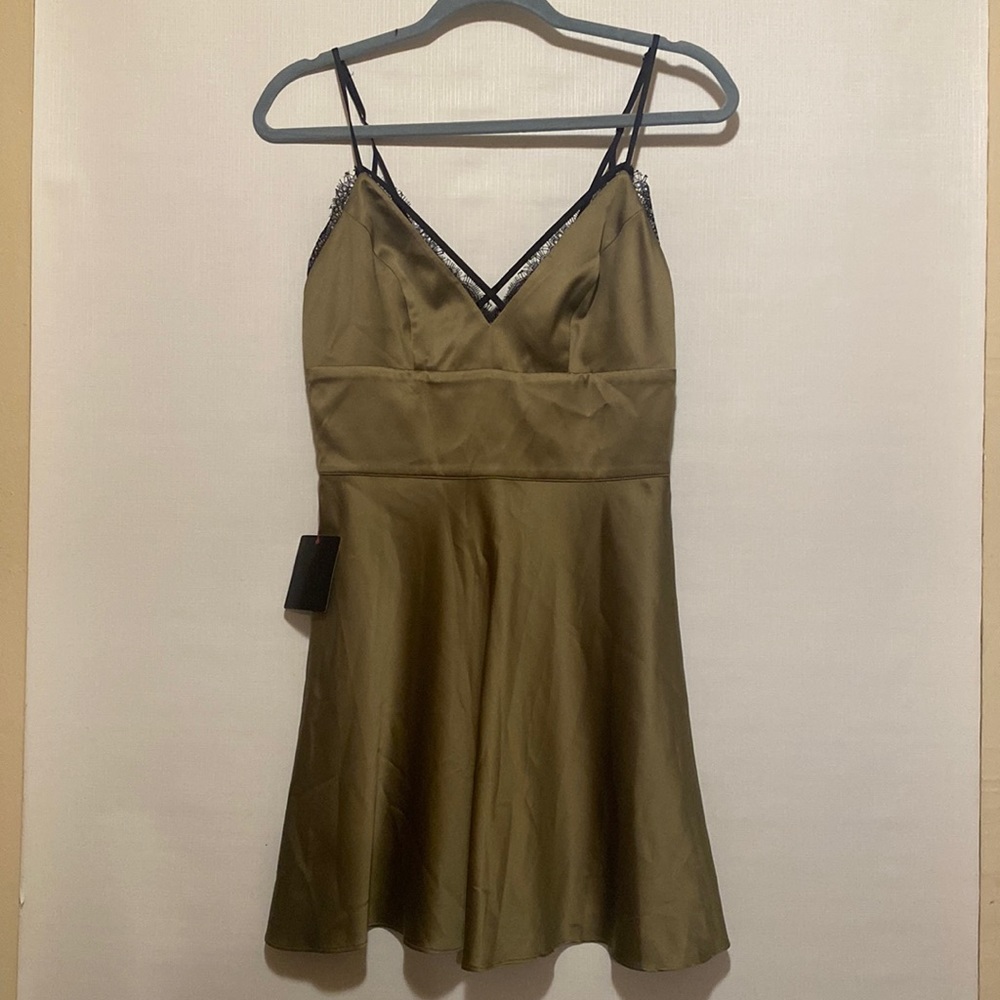 Bebe satin olive and lace detail fit & flare mini dress in size 6